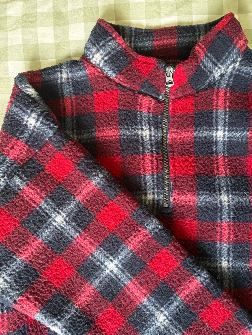 American Eagle Plaid Fleece Quarter-Zip — Red + Navy - Picture 3 of 4